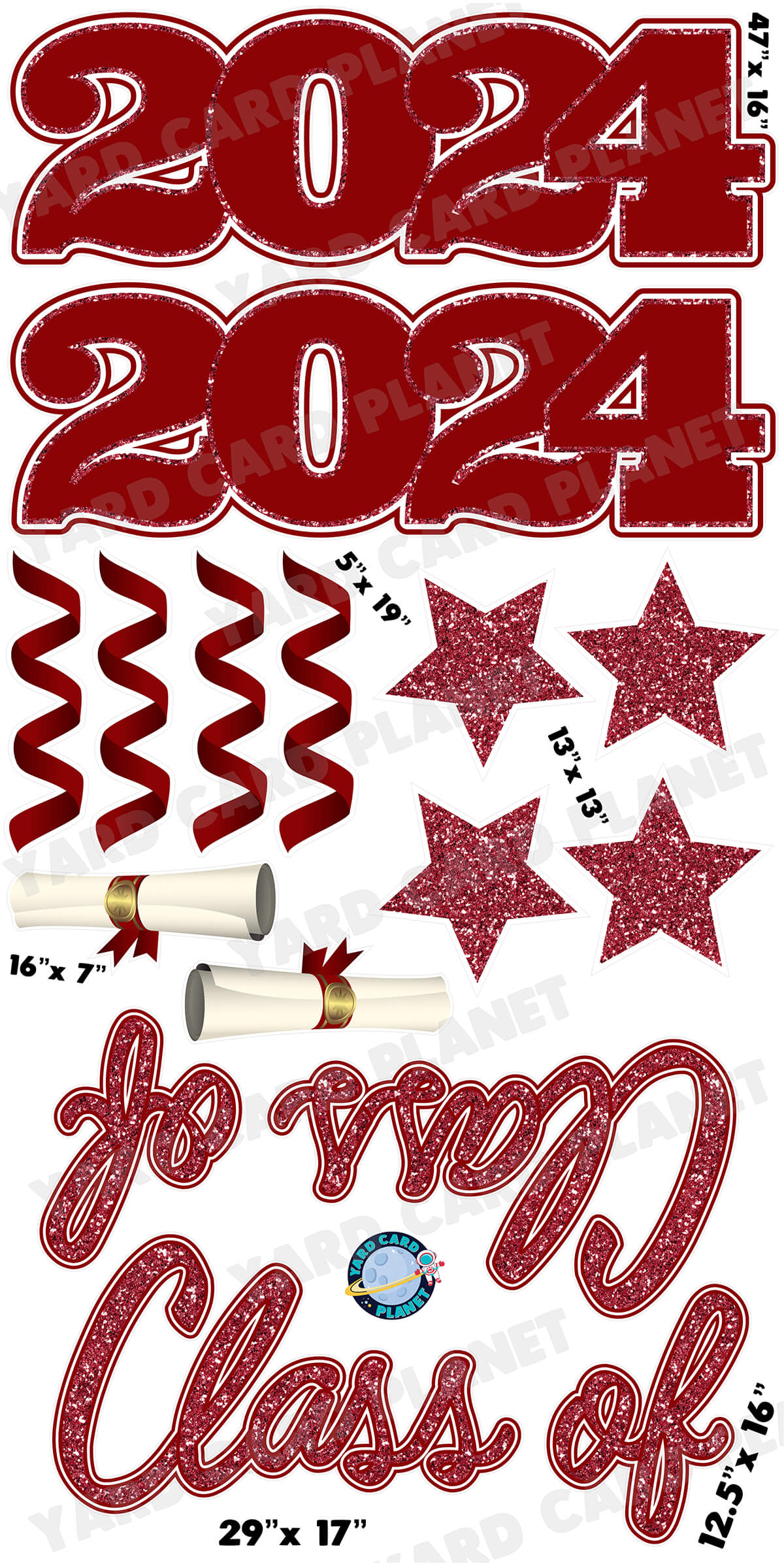 Maroon Glitter Pattern Class of 2024 EZ Quick Set and Yard Card Flair Set