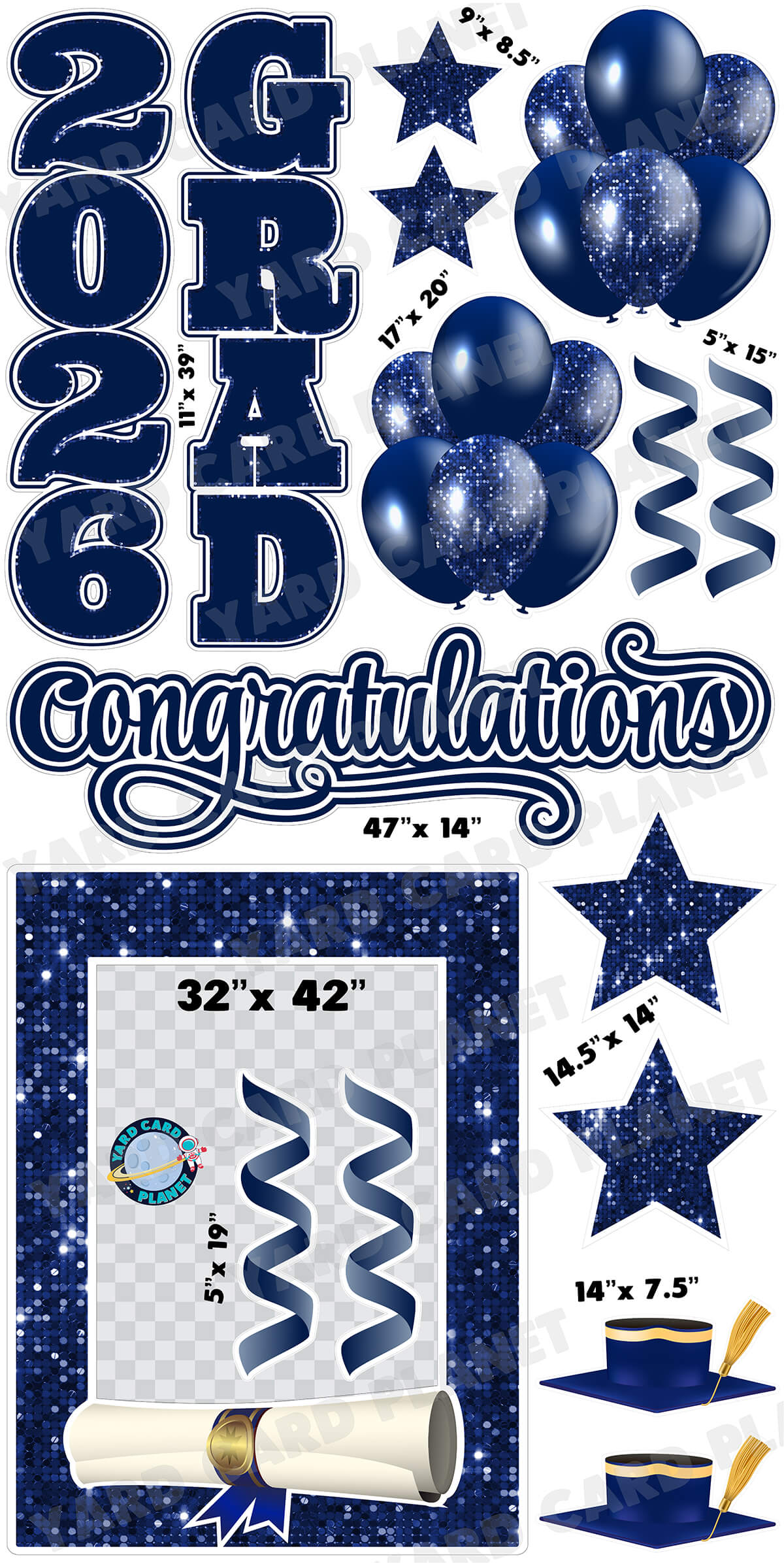 Navy Blue Solid and Sequin Pattern 2026 EZ Quick Frame, EZ Quick Sign and Towers Yard Card Flair Set