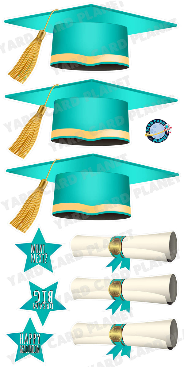 Extra Large Teal Graduation Caps, Diplomas and Signs Yard Card Flair Set