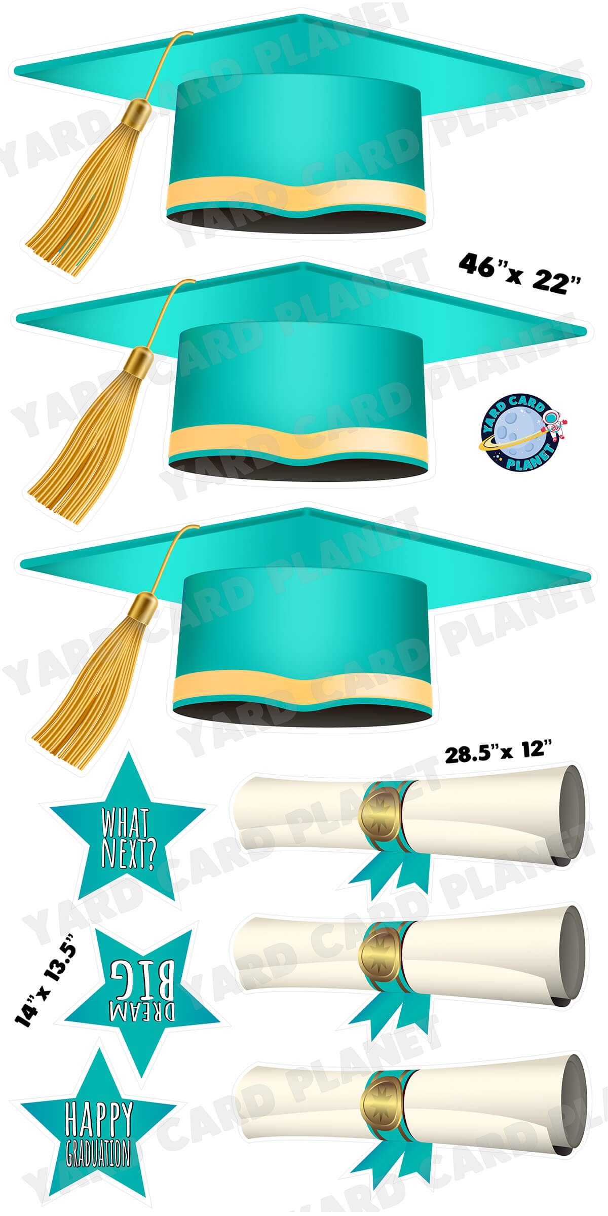 Extra Large Teal Graduation Caps, Diplomas and Signs Yard Card Flair Set