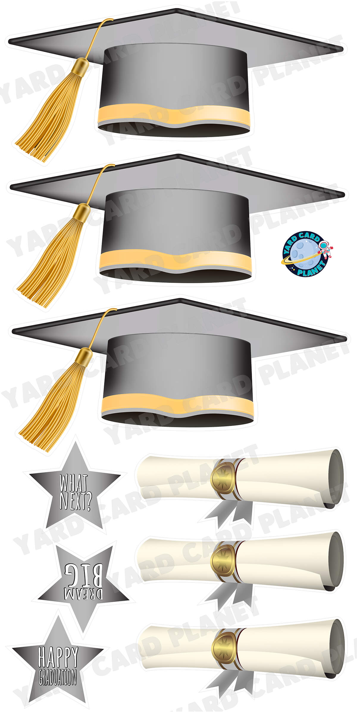 Extra Large Grey Graduation Caps, Diplomas and Signs Yard Card Flair Set