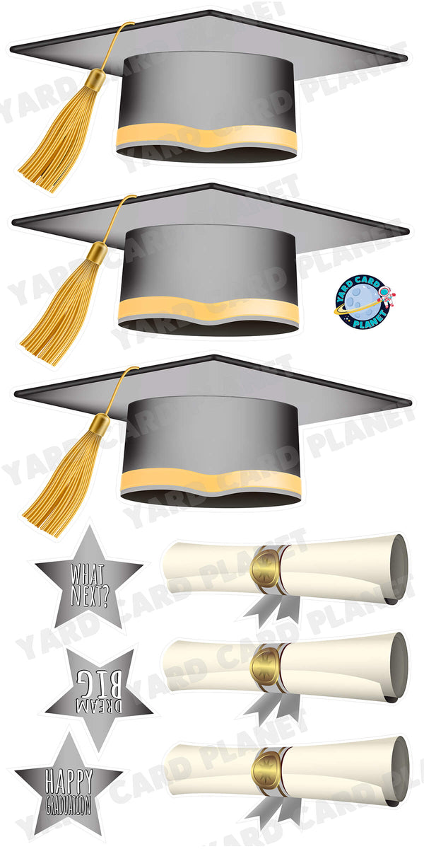 Extra Large Grey Graduation Caps, Diplomas and Signs Yard Card Flair Set