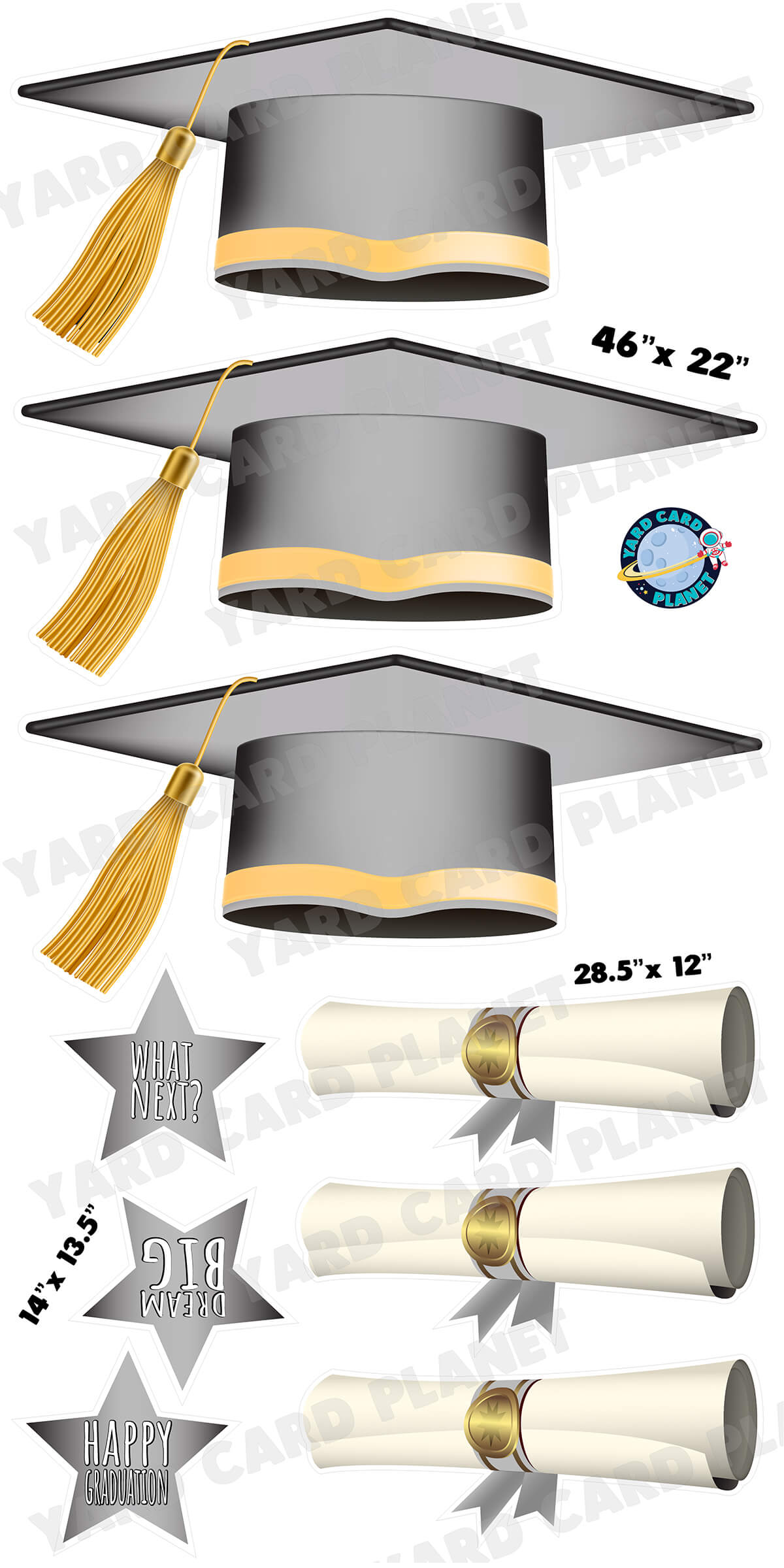 Extra Large Grey Graduation Caps, Diplomas and Signs Yard Card Flair Set