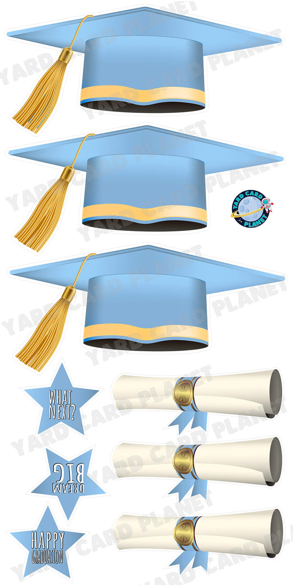Extra Large Baby Blue Graduation Caps, Diplomas and Signs Yard Card Flair Set