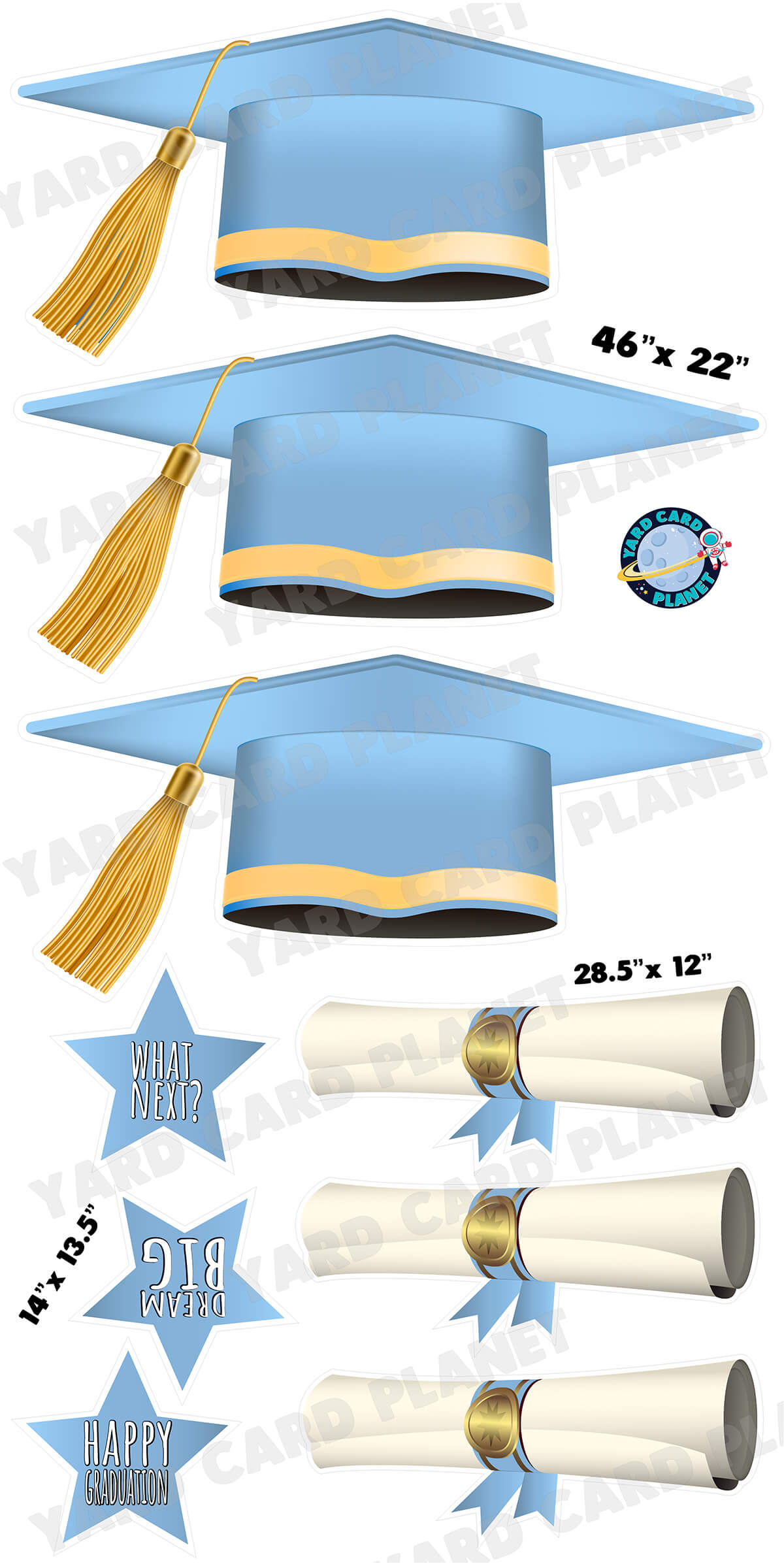 Extra Large Baby Blue Graduation Caps, Diplomas and Signs Yard Card Flair Set