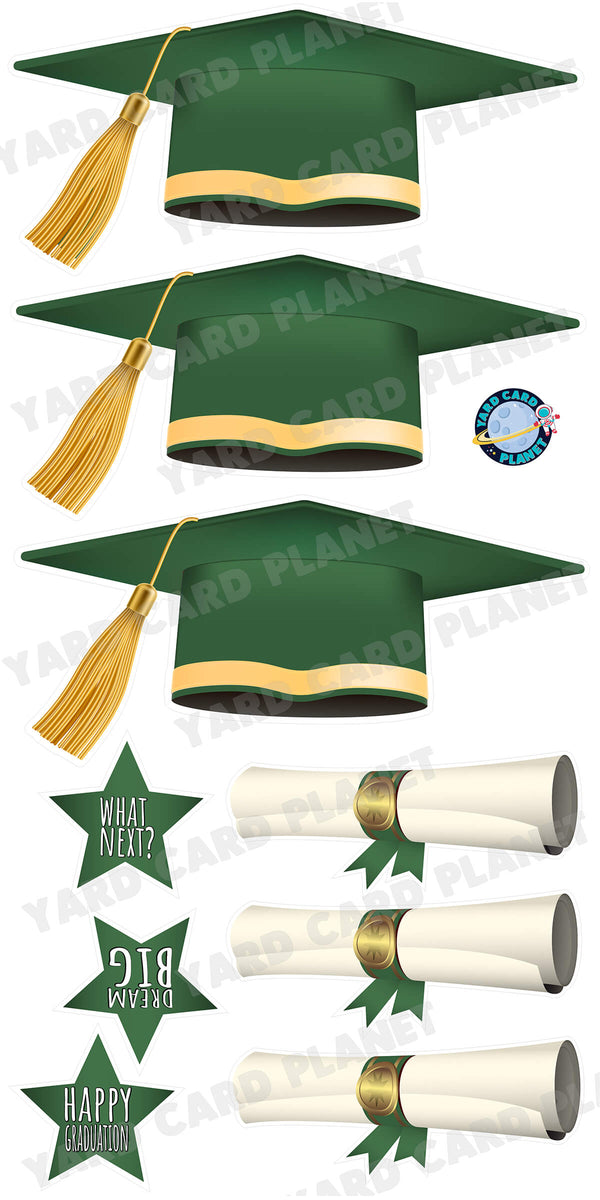Extra Large Hunter Green Graduation Caps, Diplomas and Signs Yard Card Flair Set