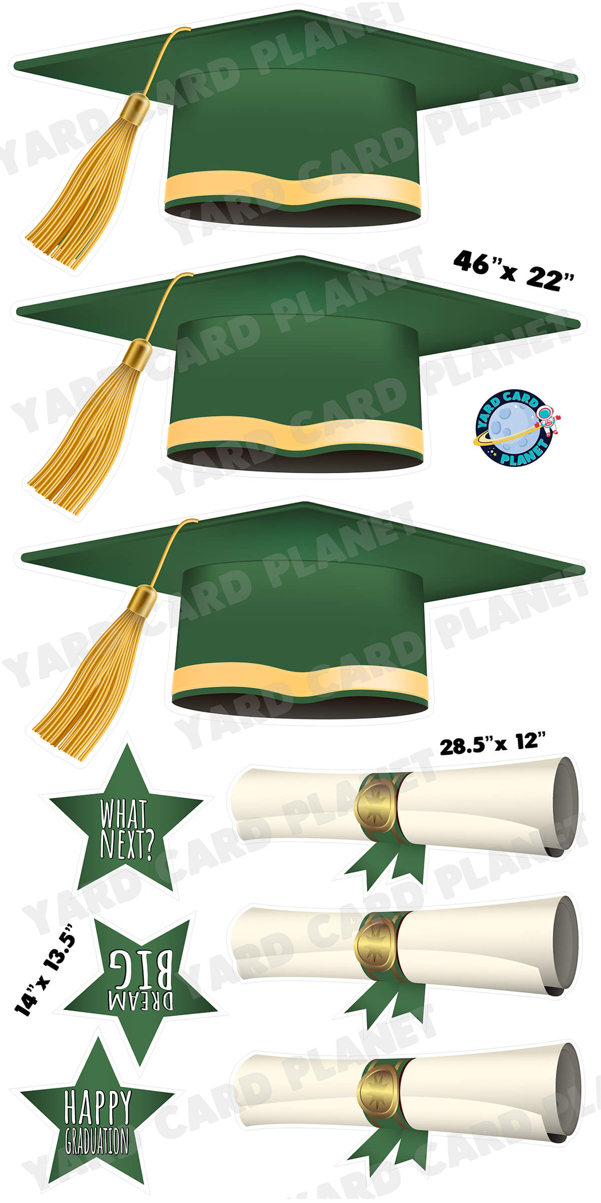 Extra Large Hunter Green Graduation Caps, Diplomas and Signs Yard Card Flair Set