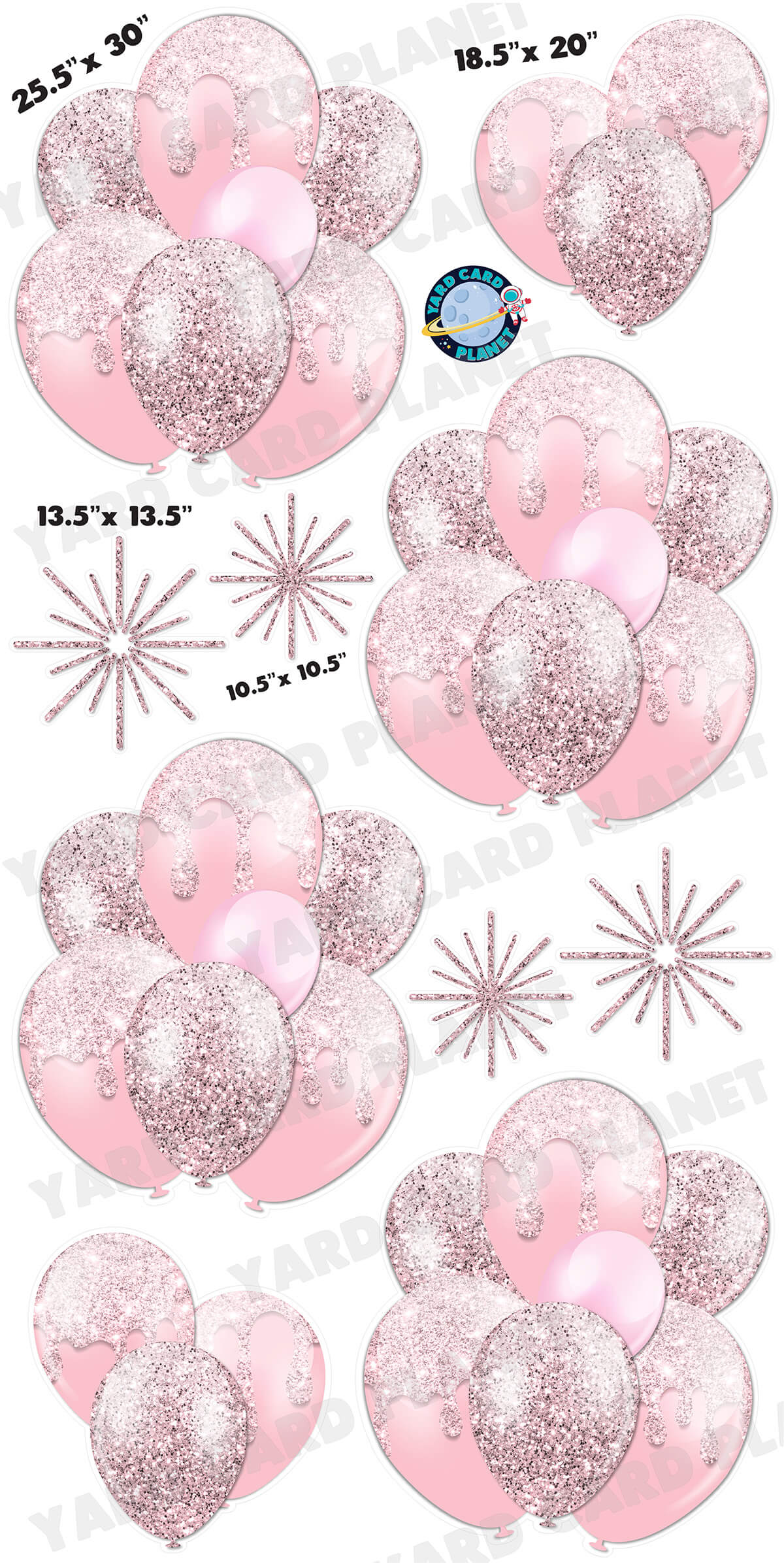 Light Pink Glitter Balloon Bouquets and Starbursts Yard Card Set