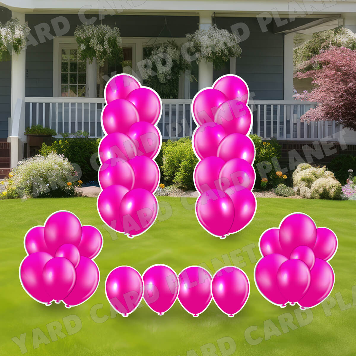Hot Pink Balloon Towers, Bouquets and Singles Yard Card Set