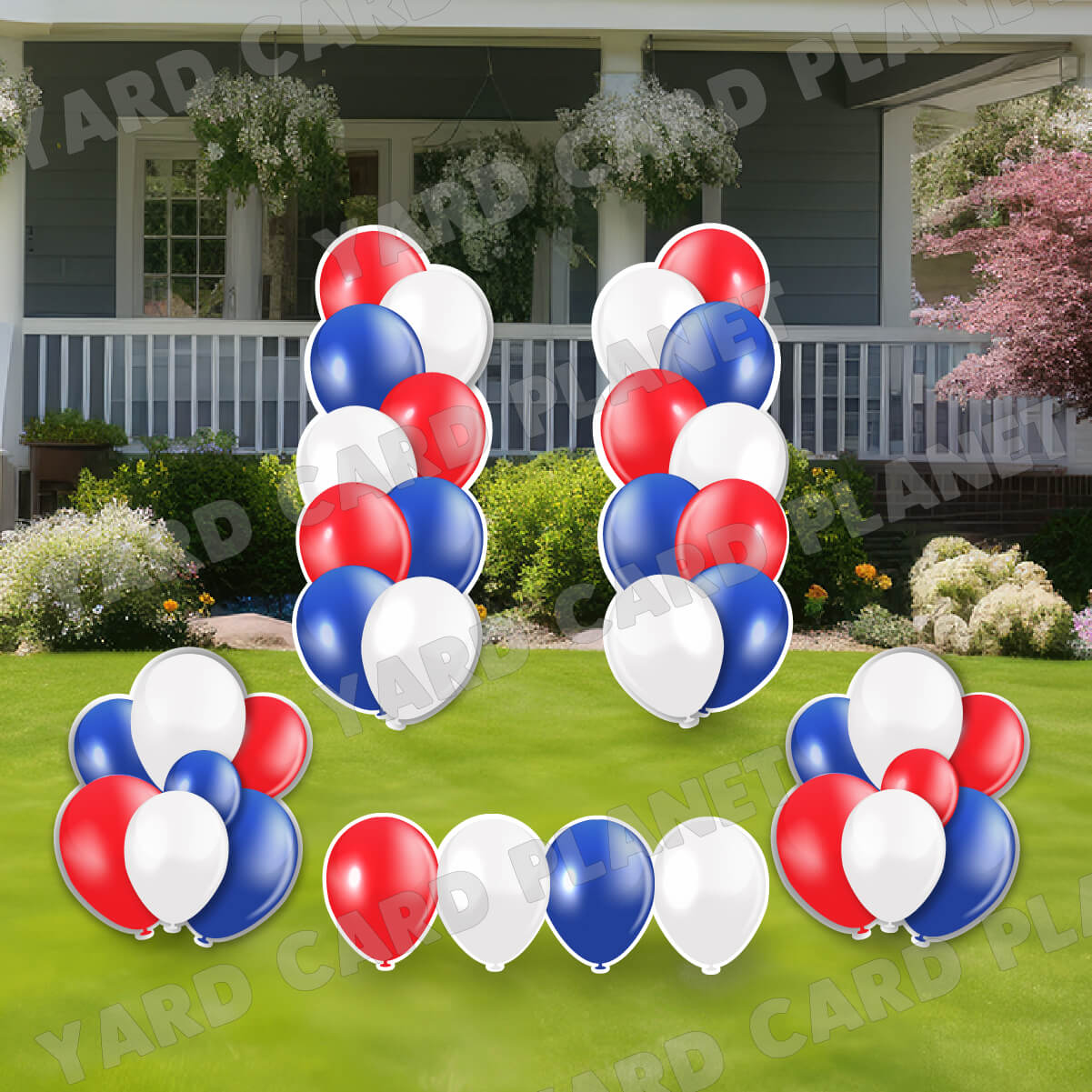 Red, White and Blue Balloon Towers, Bouquets and Singles Yard Card Set