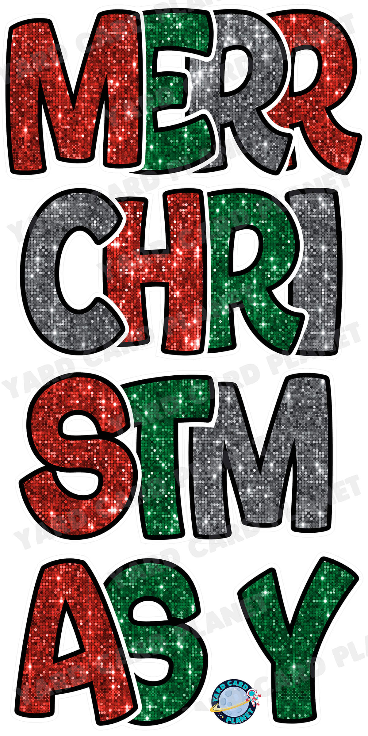 Red, Green and Silver Sequin Pattern Merry Christmas EZ Quick Yard Card Set