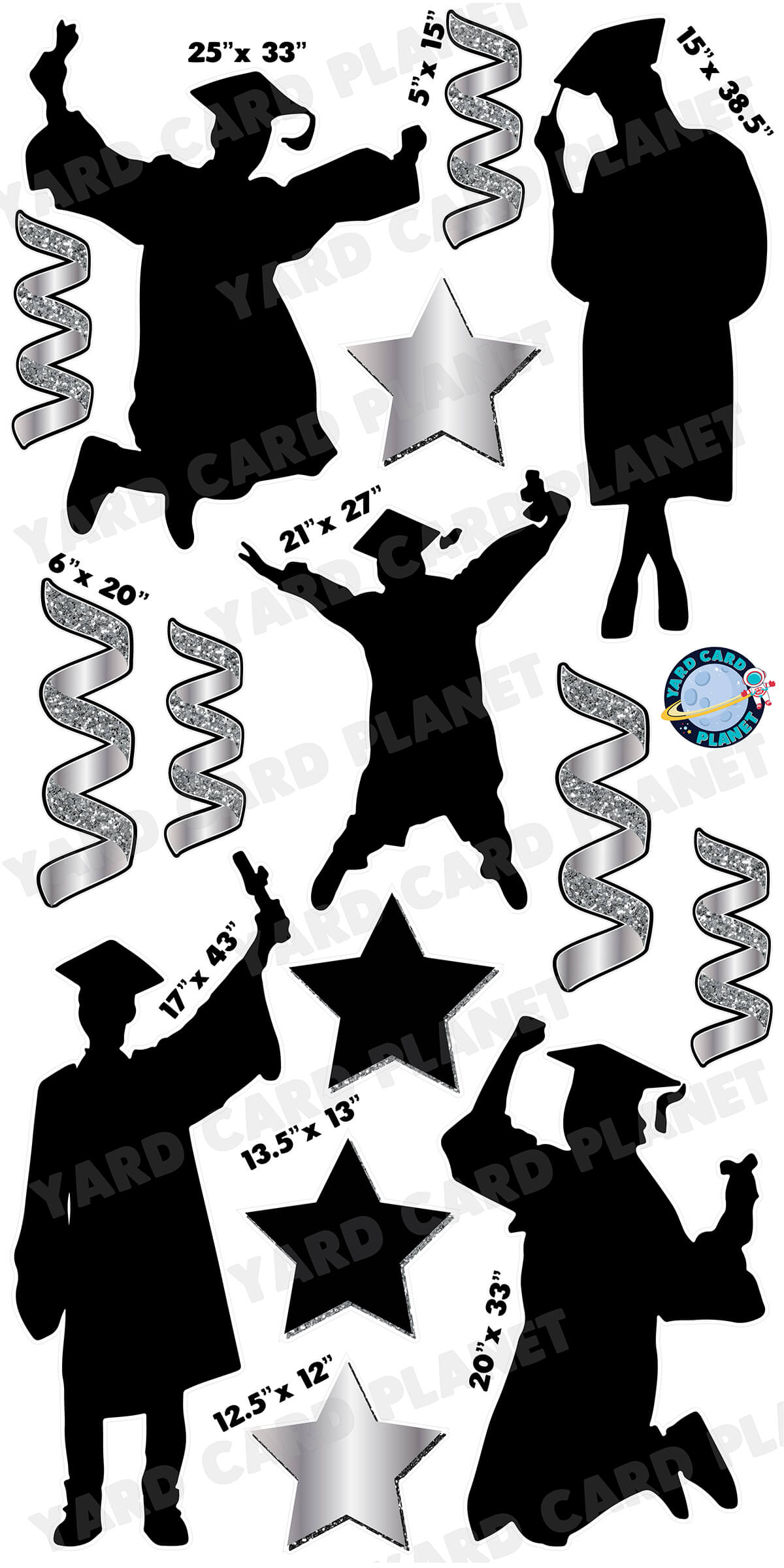 Silhouette Graduates with Silver Stars and Streamers Yard Card Flair Set