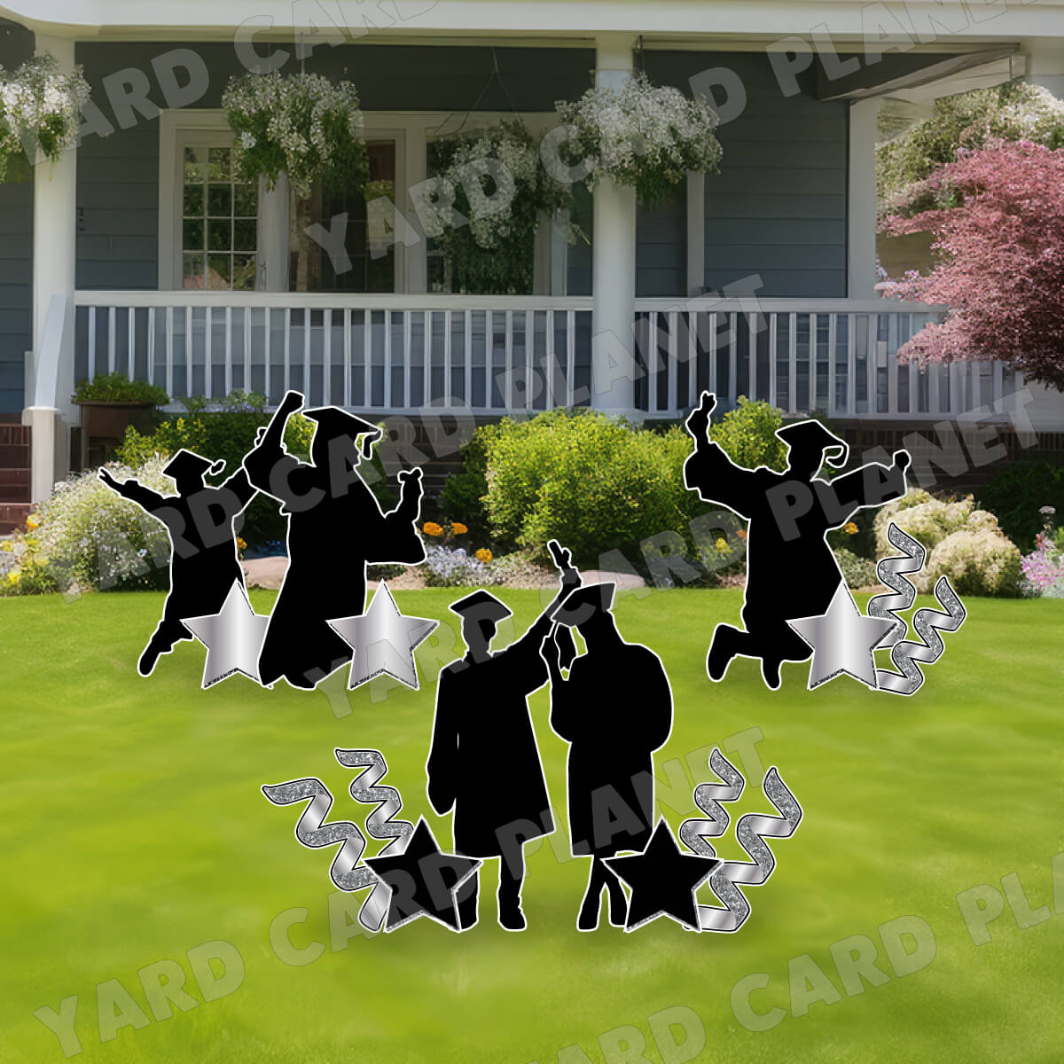 Silhouette Graduates with Silver Stars and Streamers Yard Card Flair Set