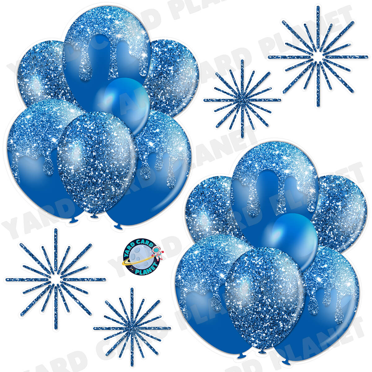 Blue Glitter Balloon Bouquets and Starbursts Half Sheet Yard Card Set