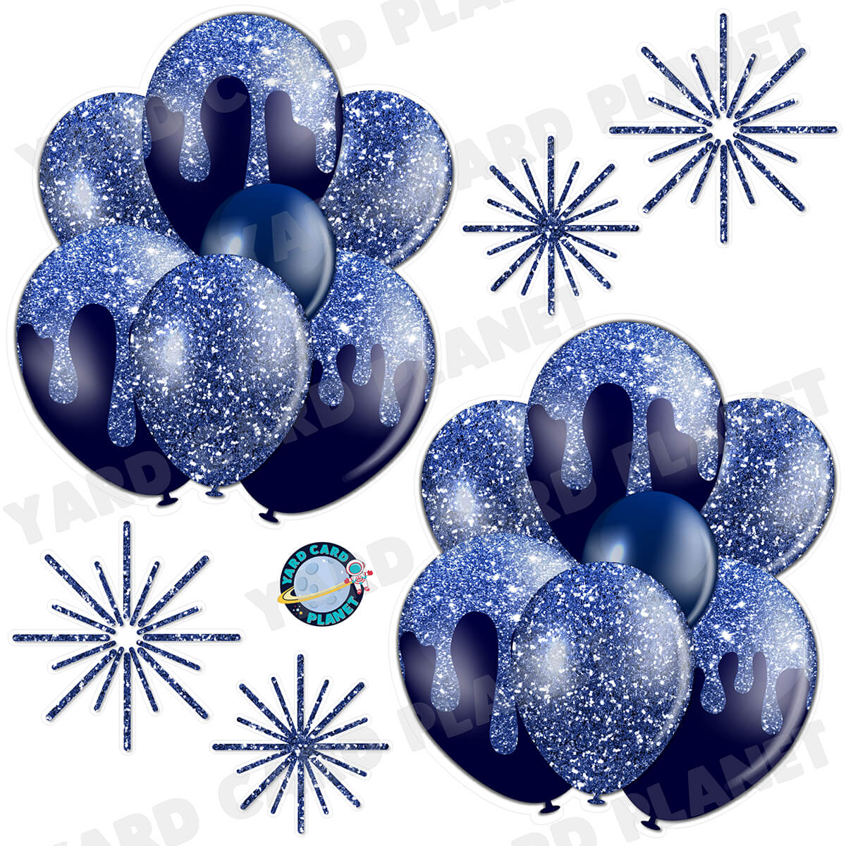 Navy Blue Glitter Balloon Bouquets and Starbursts Half Sheet Yard Card Set