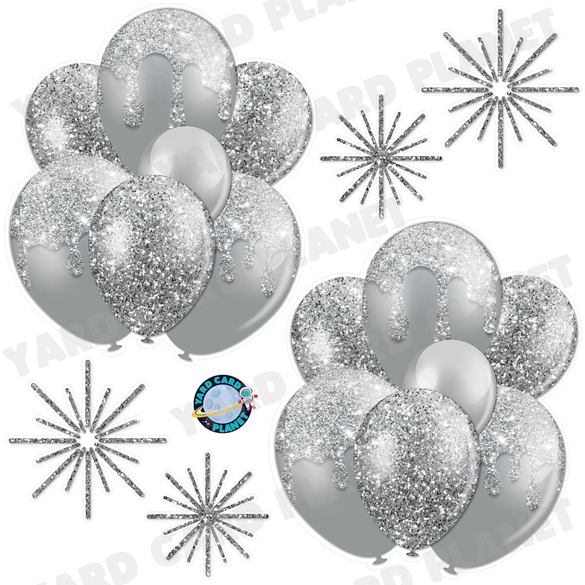 Silver Glitter Balloon Bouquets and Starbursts Half Sheet Yard Card Set