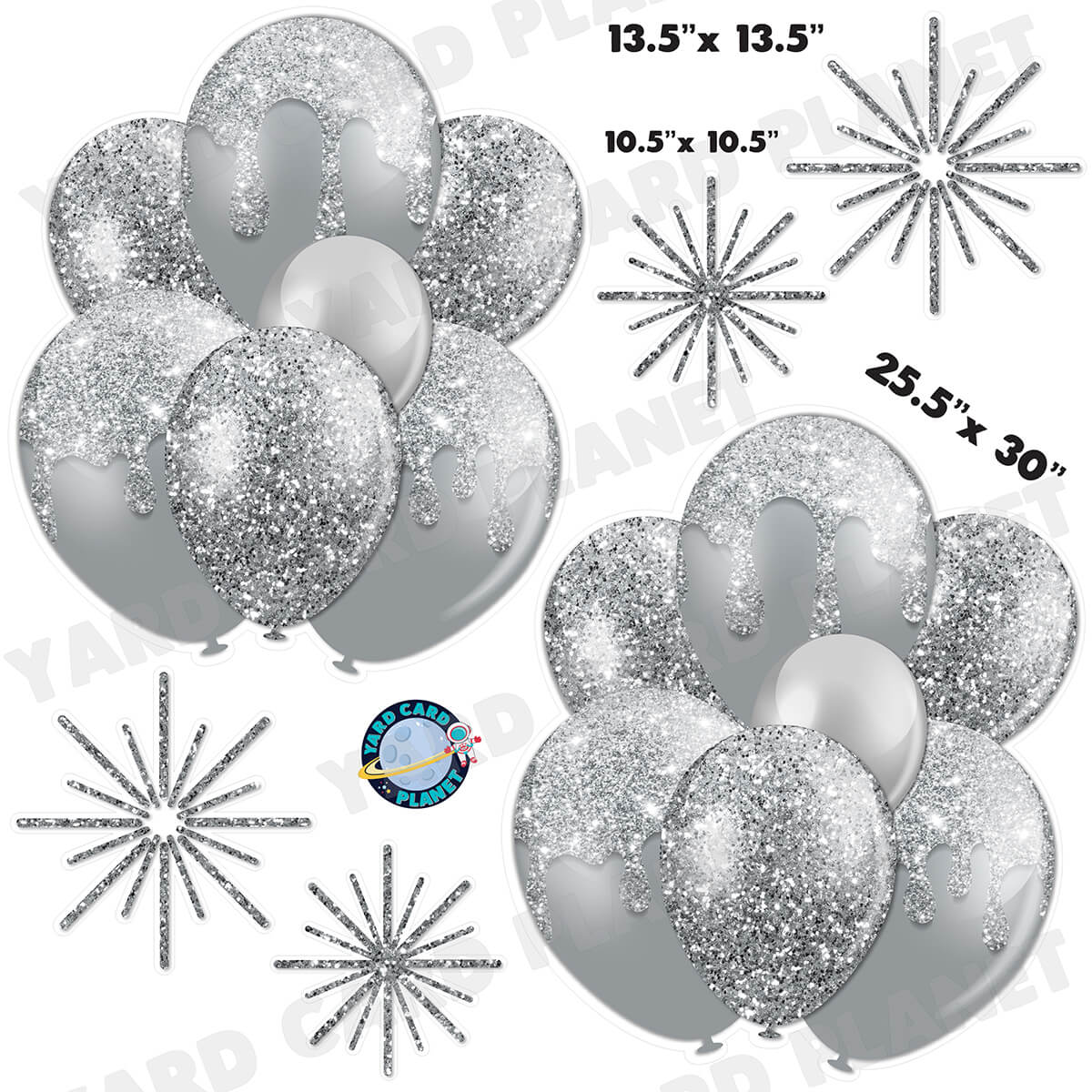 Silver Glitter Balloon Bouquets and Starbursts Half Sheet Yard Card Set