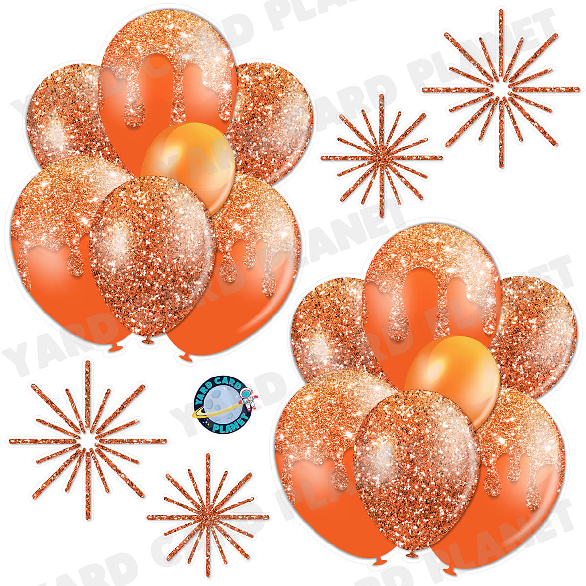 Orange Glitter Balloon Bouquets and Starbursts Half Sheet Yard Card Set