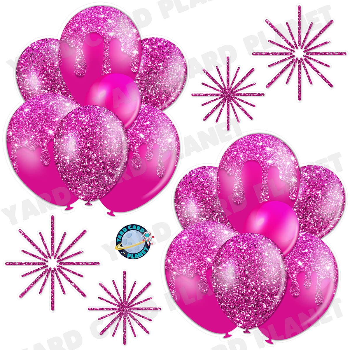 Hot Pink Glitter Balloon Bouquets and Starbursts Half Sheet Yard Card Set