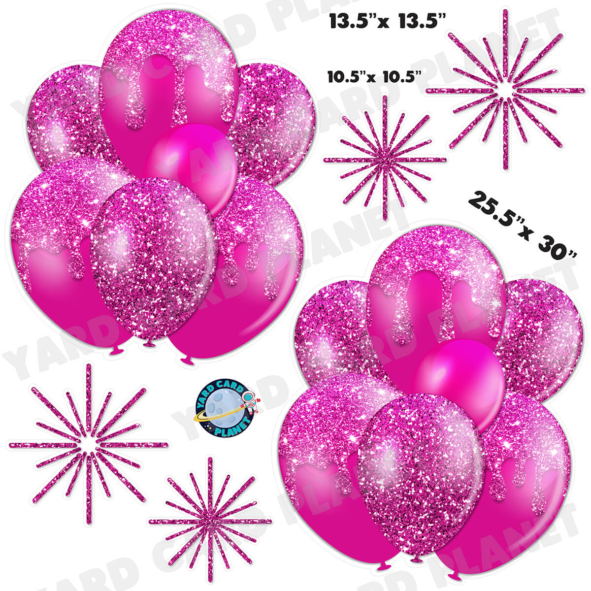 Hot Pink Glitter Balloon Bouquets and Starbursts Half Sheet Yard Card Set