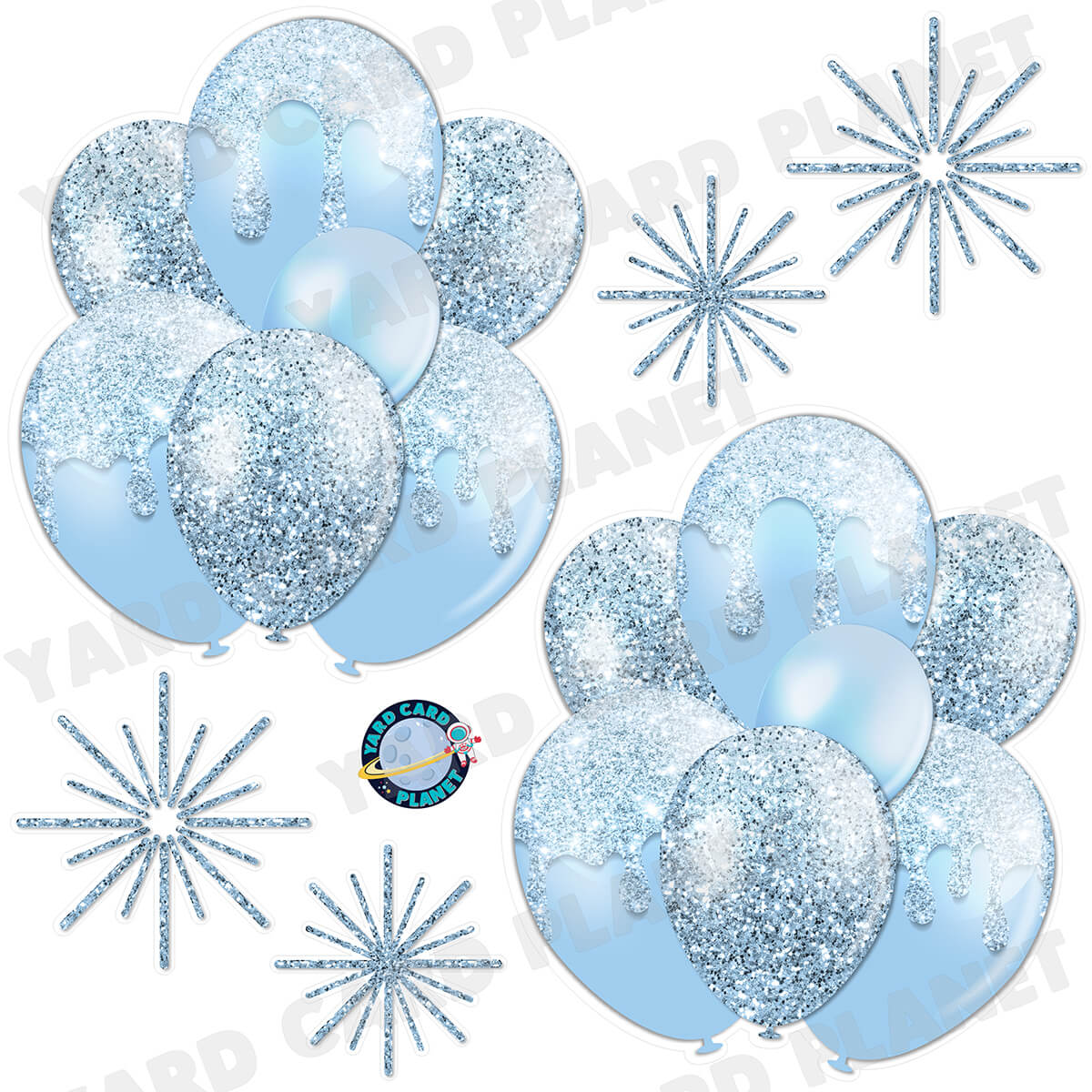 Baby Blue Glitter Balloon Bouquets and Starbursts Half Sheet Yard Card Set