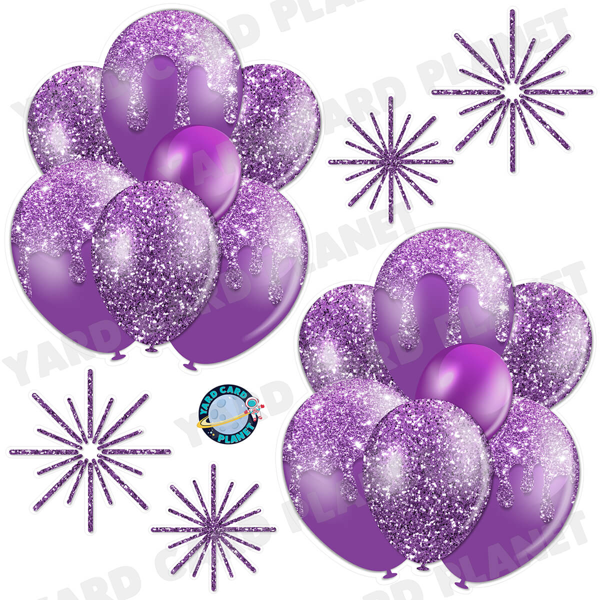 Purple Glitter Balloon Bouquets and Starbursts Half Sheet Yard Card Set