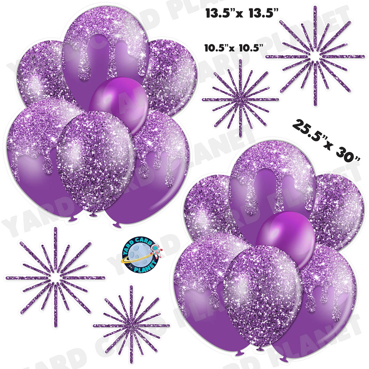 Purple Glitter Balloon Bouquets and Starbursts Half Sheet Yard Card Set