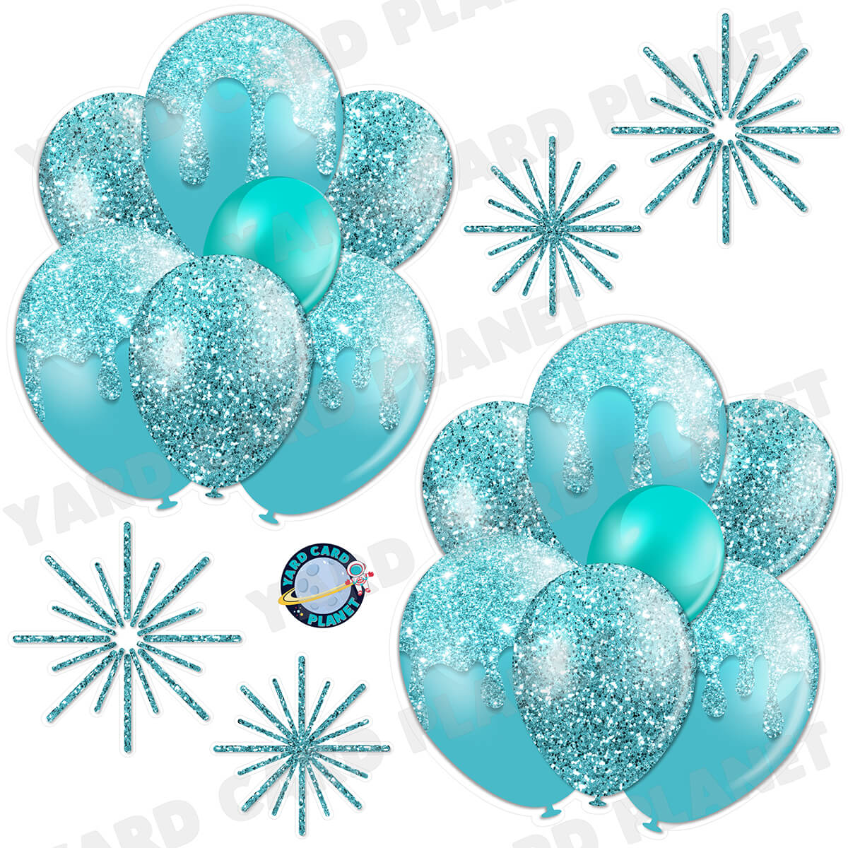 Teal Glitter Balloon Bouquets and Starbursts Half Sheet Yard Card Set