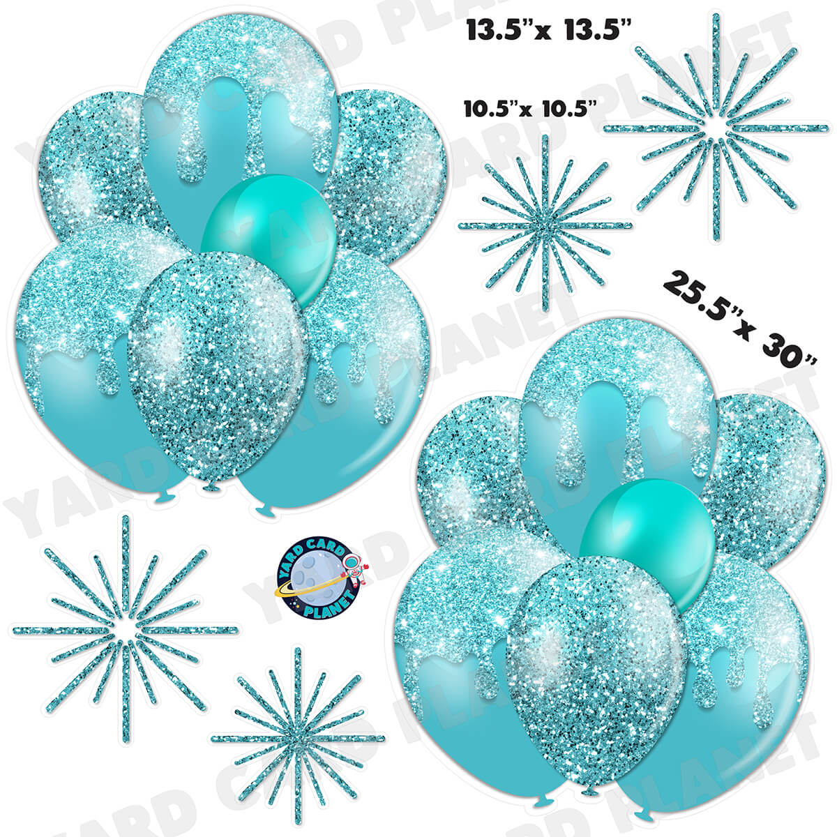 Teal Glitter Balloon Bouquets and Starbursts Half Sheet Yard Card Set