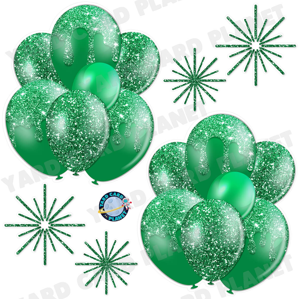 Green Glitter Balloon Bouquets and Starbursts Half Sheet Yard Card Set