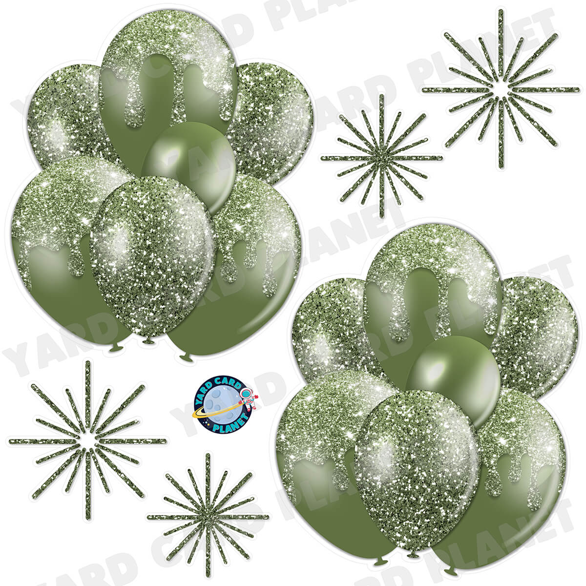 Hunter Green Glitter Balloon Bouquets and Starbursts Half Sheet Yard Card Set