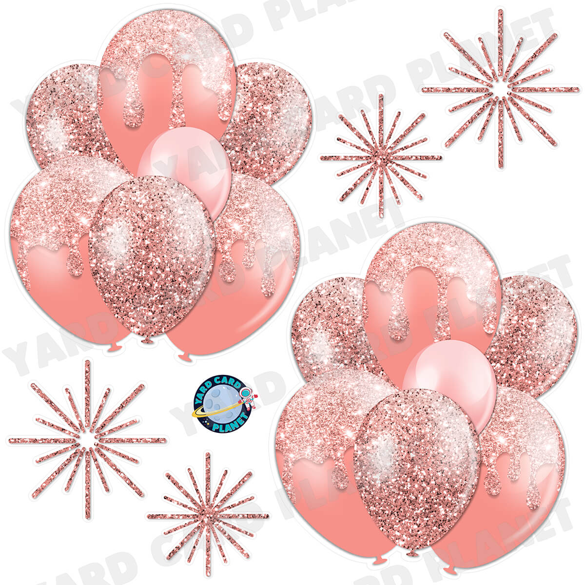 Rose Gold Glitter Balloon Bouquets and Starbursts Half Sheet Yard Card Set