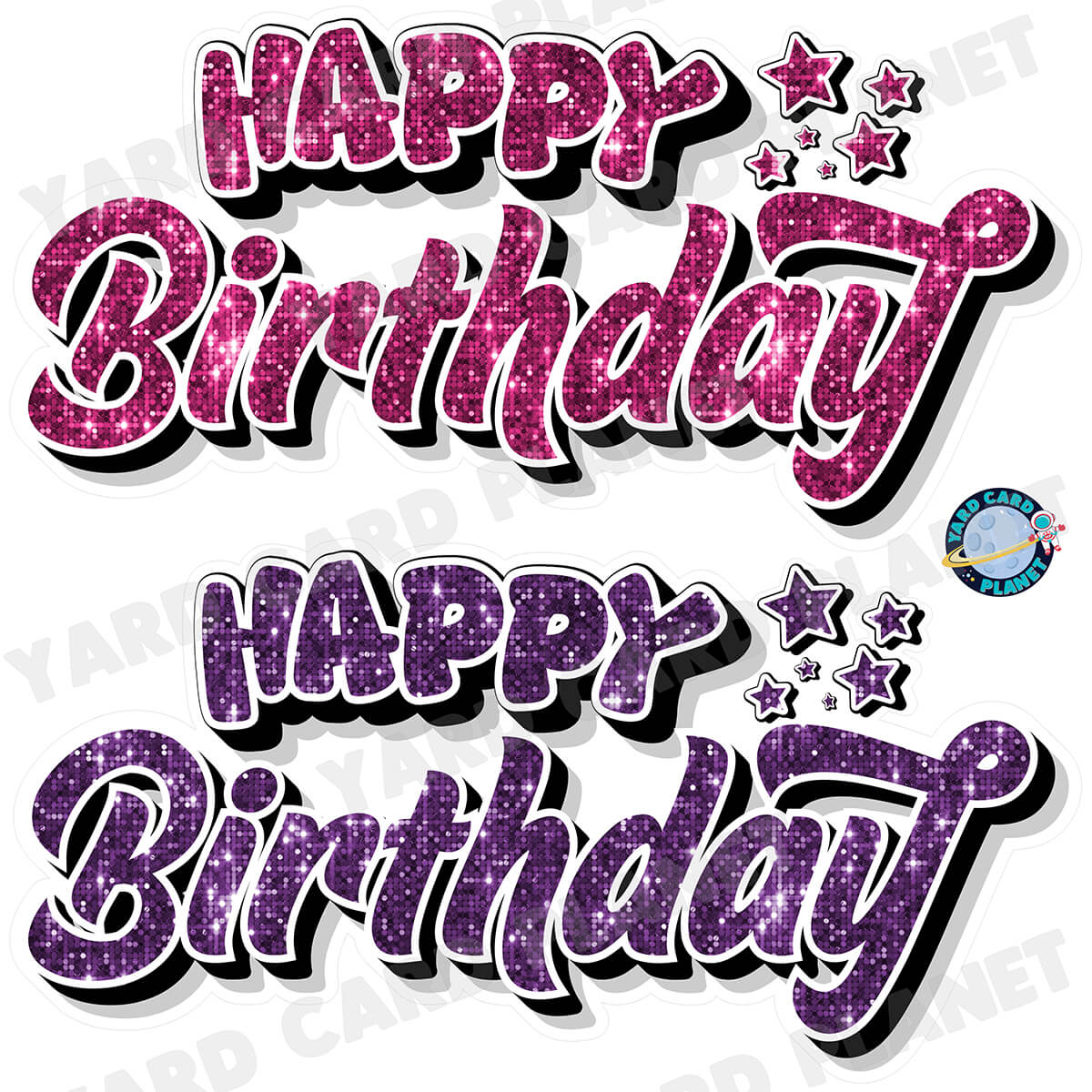 Happy Birthday EZ Quick Signs in Sequin Hot Pink and Purple Half Sheet Yard Card Set