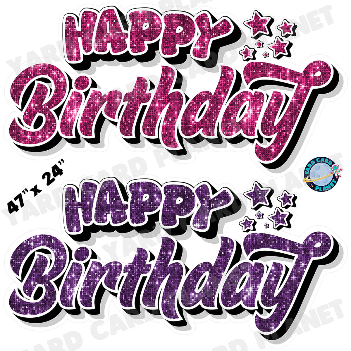 Happy Birthday EZ Quick Signs in Sequin Hot Pink and Purple Half Sheet Yard Card Set