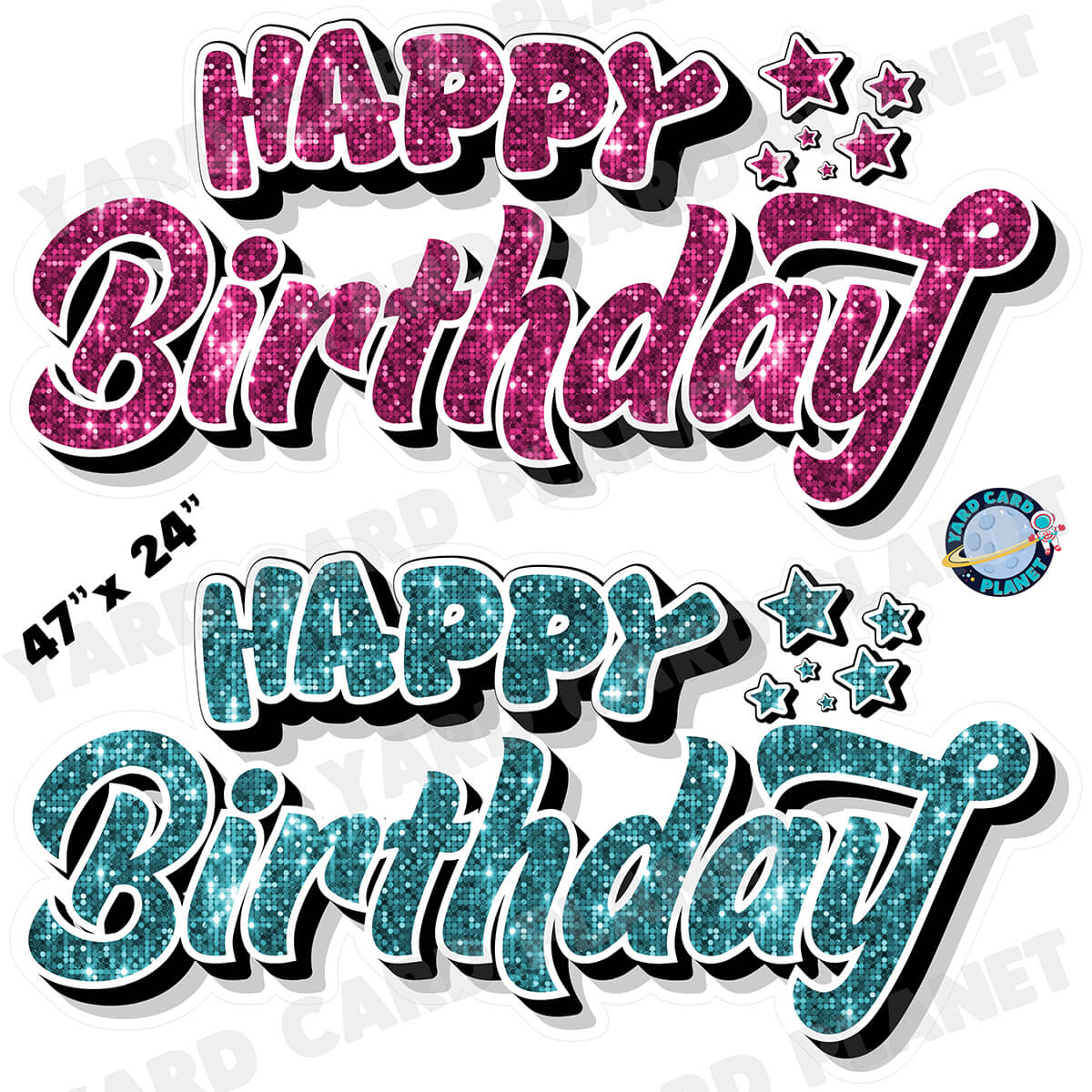 Happy Birthday EZ Quick Signs in Sequin Hot Pink and Teal Half Sheet Yard Card Set