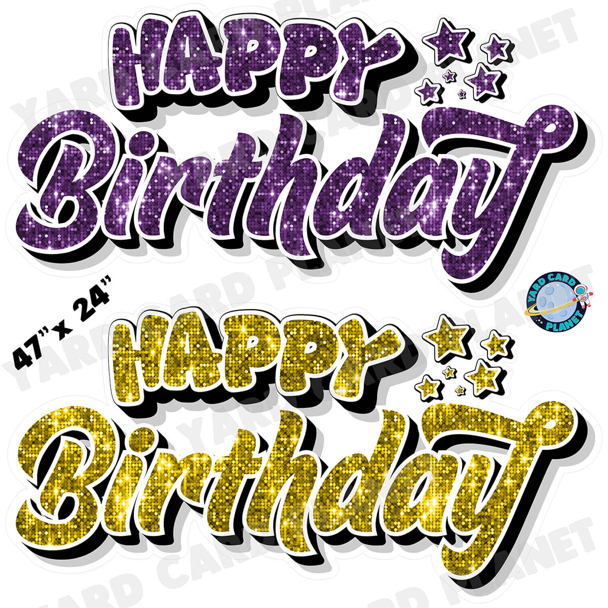 Happy Birthday EZ Quick Signs in Sequin Purple and Yellow Half Sheet Yard Card Set