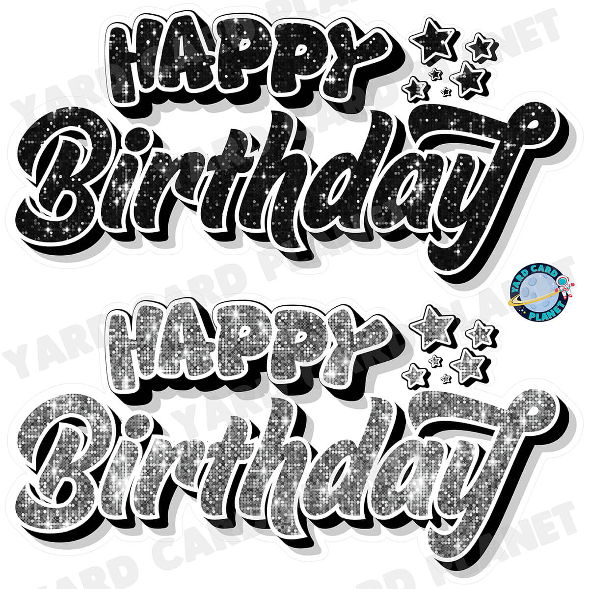 Happy Birthday EZ Quick Signs in Sequin Black and Silver Half Sheet Yard Card Set