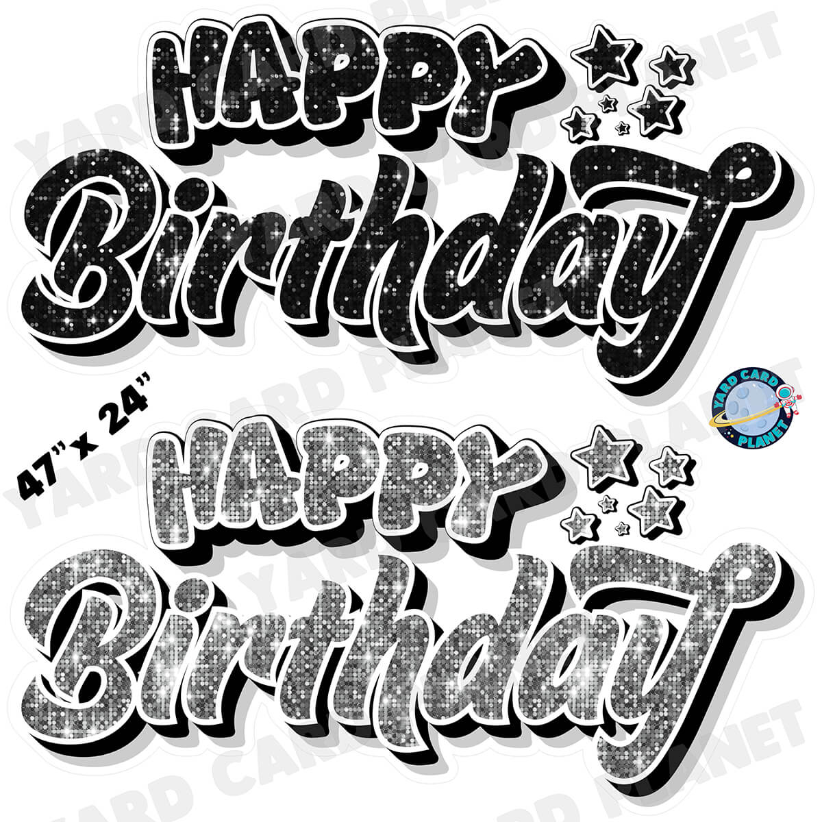 Happy Birthday EZ Quick Signs in Sequin Black and Silver Half Sheet Yard Card Set