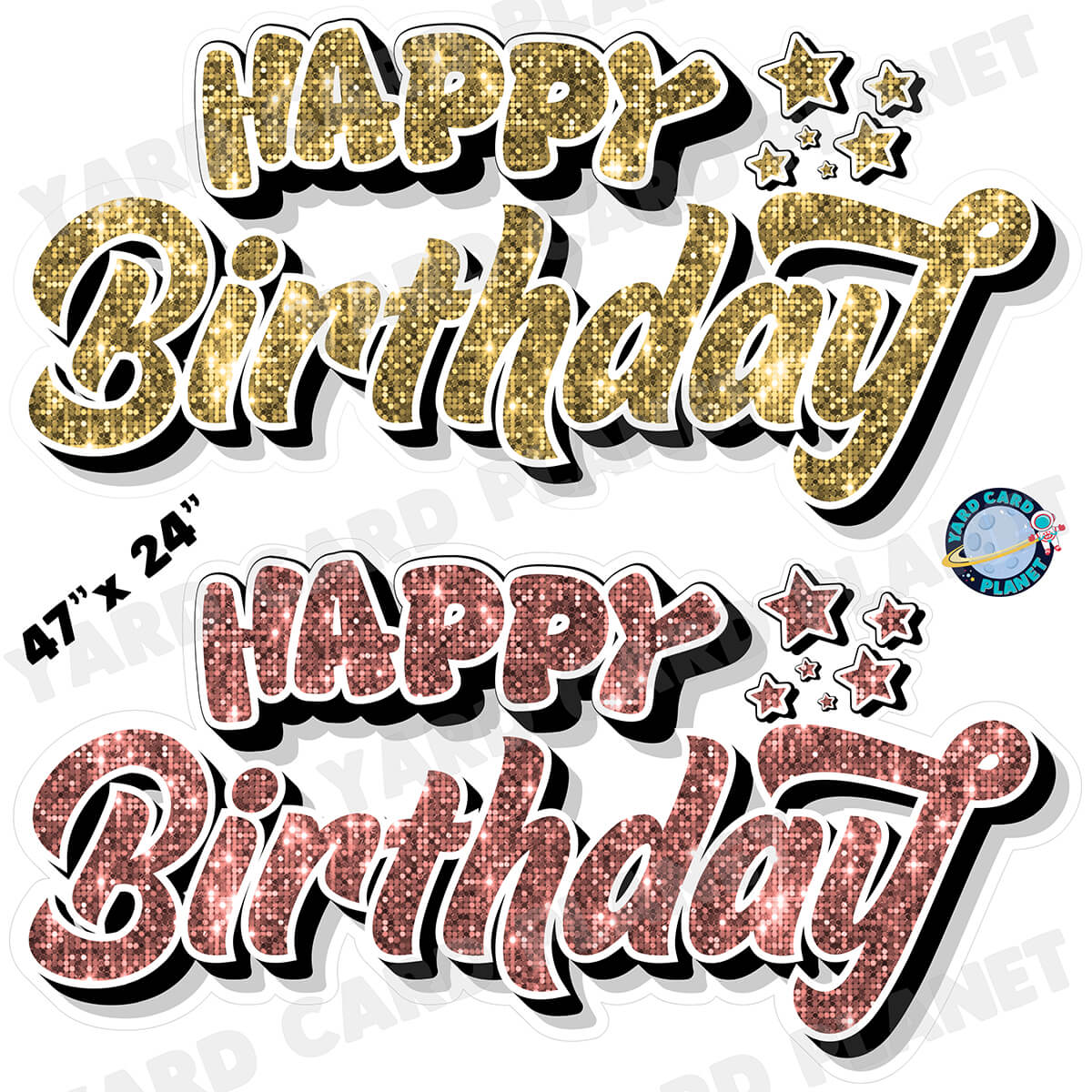 Happy Birthday EZ Quick Signs in Sequin Gold and Rose Gold Half Sheet Yard Card Set