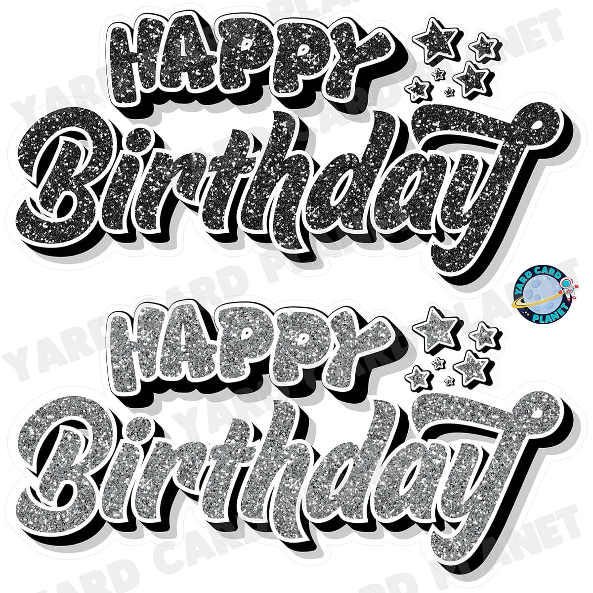 Happy Birthday EZ Quick Signs in Glitter Black and Silver Half Sheet Yard Card Set