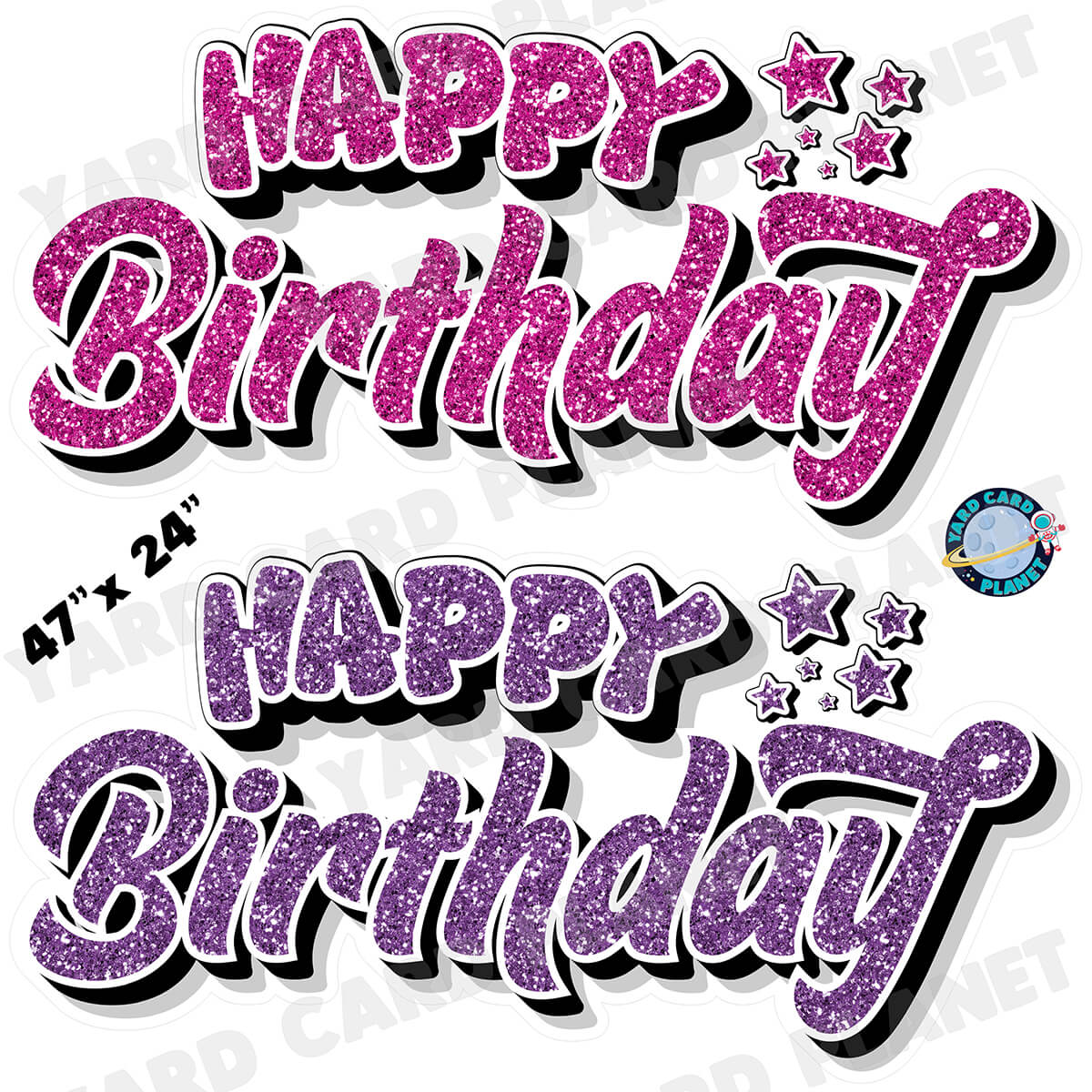 Happy Birthday EZ Quick Signs in Glitter Hot Pink and Purple Half Sheet Yard Card Set