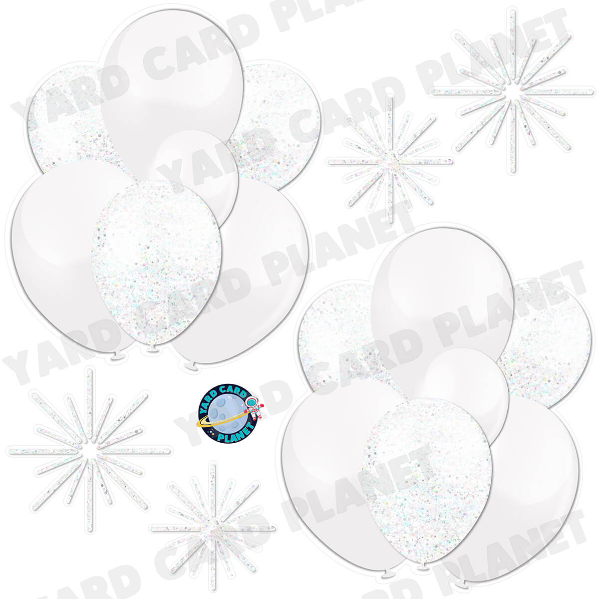 White and White Glitter Balloon Bouquets and Starbursts Half Sheet Yard Card Set
