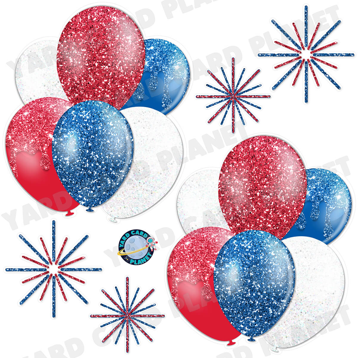Red, White and Blue Glitter Balloon Bouquets and Starbursts Half Sheet Yard Card Set