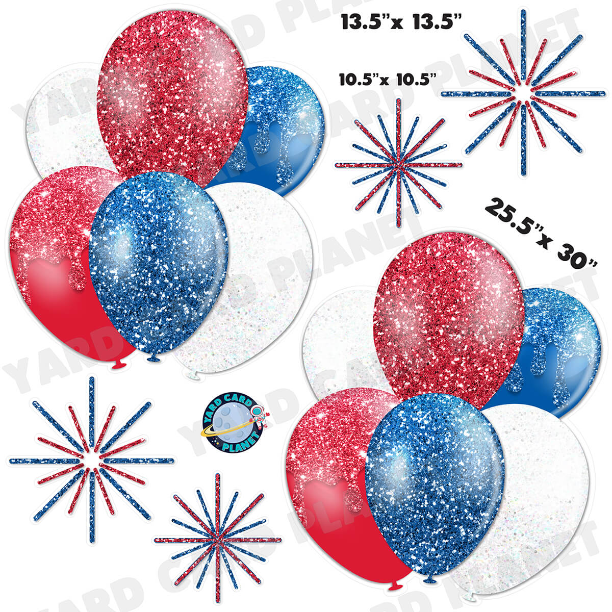 Red, White and Blue Glitter Balloon Bouquets and Starbursts Half Sheet Yard Card Set