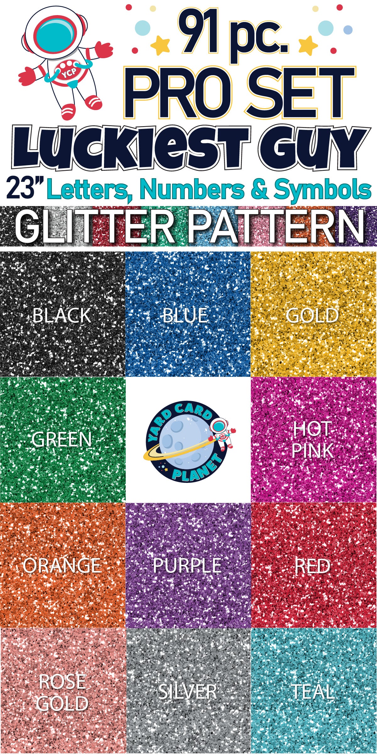 23" Luckiest Guy Letters, Numbers and Symbols - 91 pc. - Pro Set in Glitter Pattern