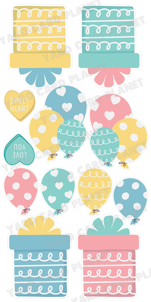 Pastel Balloons, Presents and Hearts Yard Card Flair Set