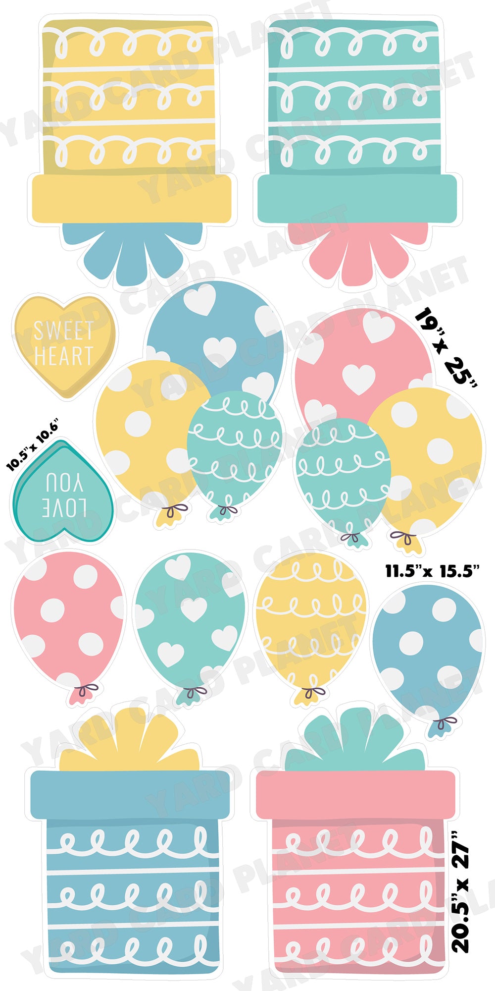 Pastel Balloons, Presents and Hearts Yard Card Flair Set