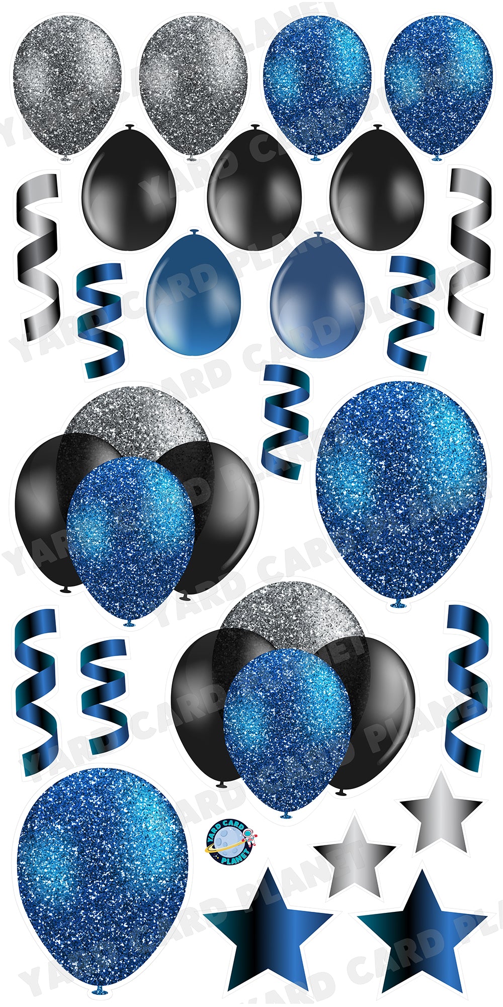 Black, Silver and Blue Glitter Balloons, Stars and Streamers Yard Card Flair Set