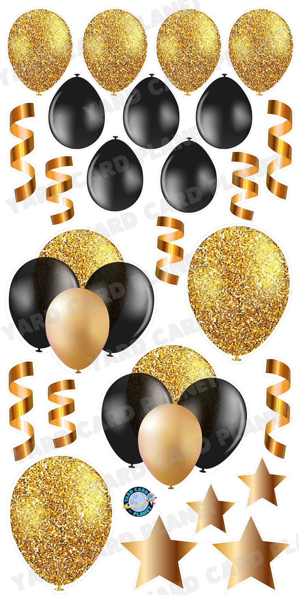 Black and Gold Glitter Balloons, Stars and Streamers Yard Card Flair Set