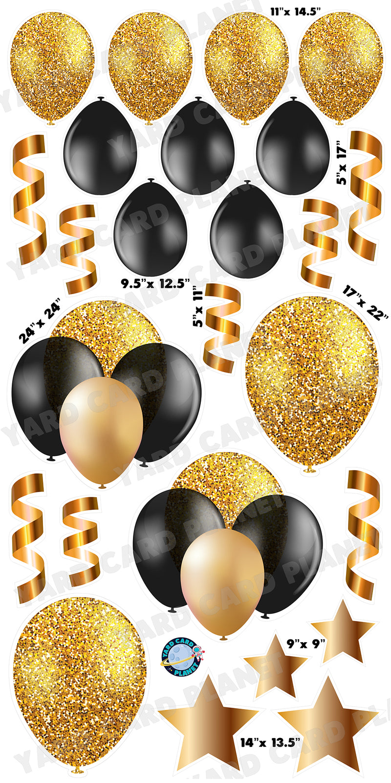 Black and Gold Glitter Balloons, Stars and Streamers Yard Card Flair Set